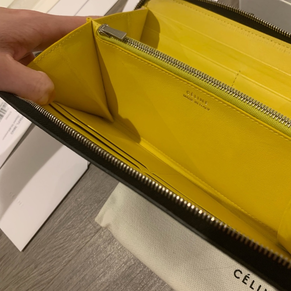 Celine | Large Zipped Multifunction Wallet In Calfskin | Black and Citron - Picture 8 of 16